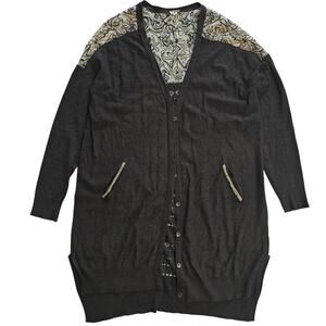 Free People Charcoal Button Cardigan Embroidered Sheer Back Boho Sweater